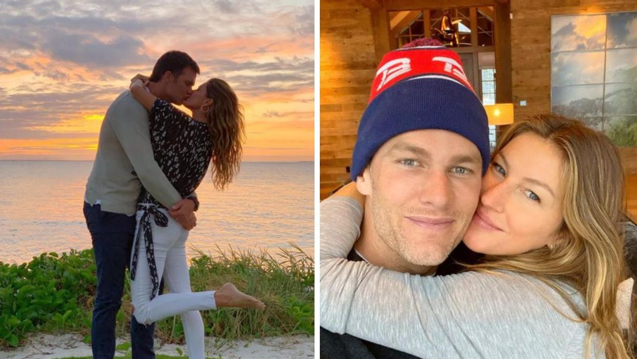 Tom Brady and Gisele Bündchen hug in front of a sunset. Right: The couple takes a selfie.