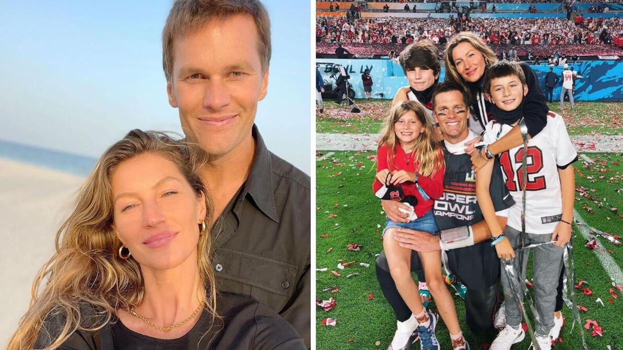 Tom Brady and Gisele Bundchen. Right: Brady, Bundchen and their children.