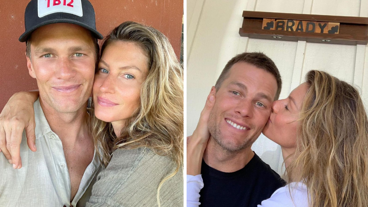 Tom Brady and Gisele Bündchen. Right: Gisele Bündchen kissing Tom Brady on the cheek.