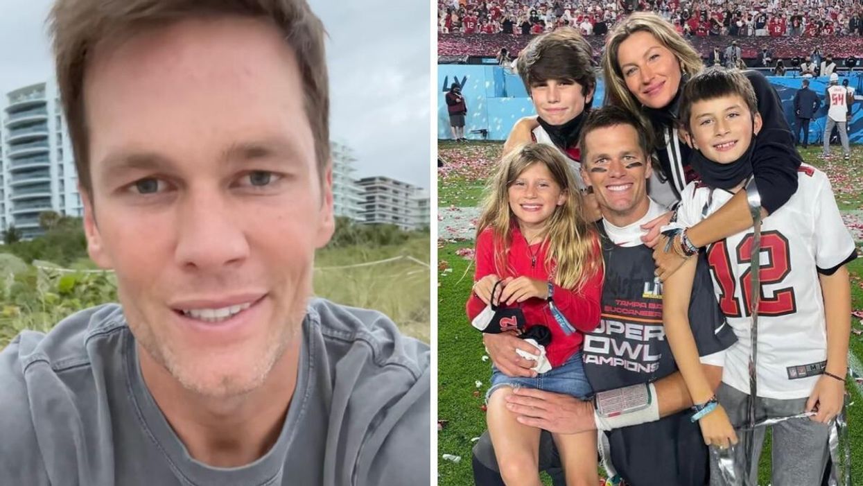 Tom Brady announcing his retirement in a social media video. Right: Tom Brady with his kids and ex-wife Gisele Bündchen.