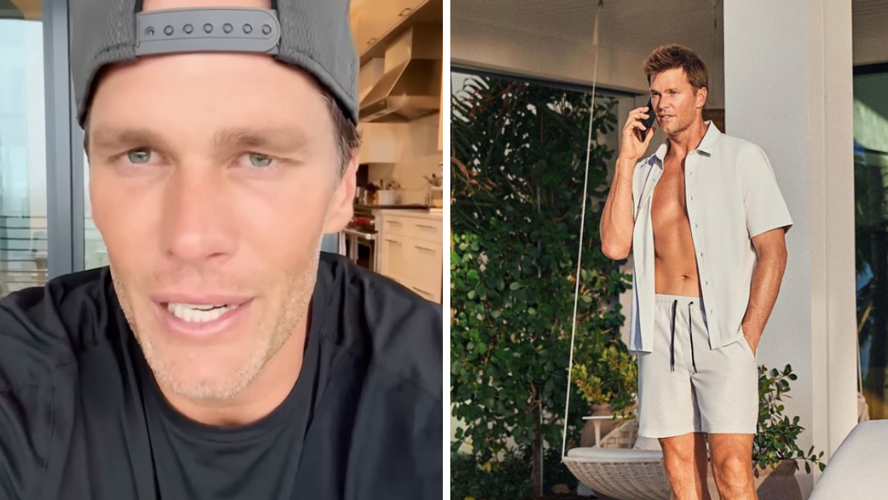 Tom Brady in a video. Right: Tom Brady standing up in his Brady Brand clothing.