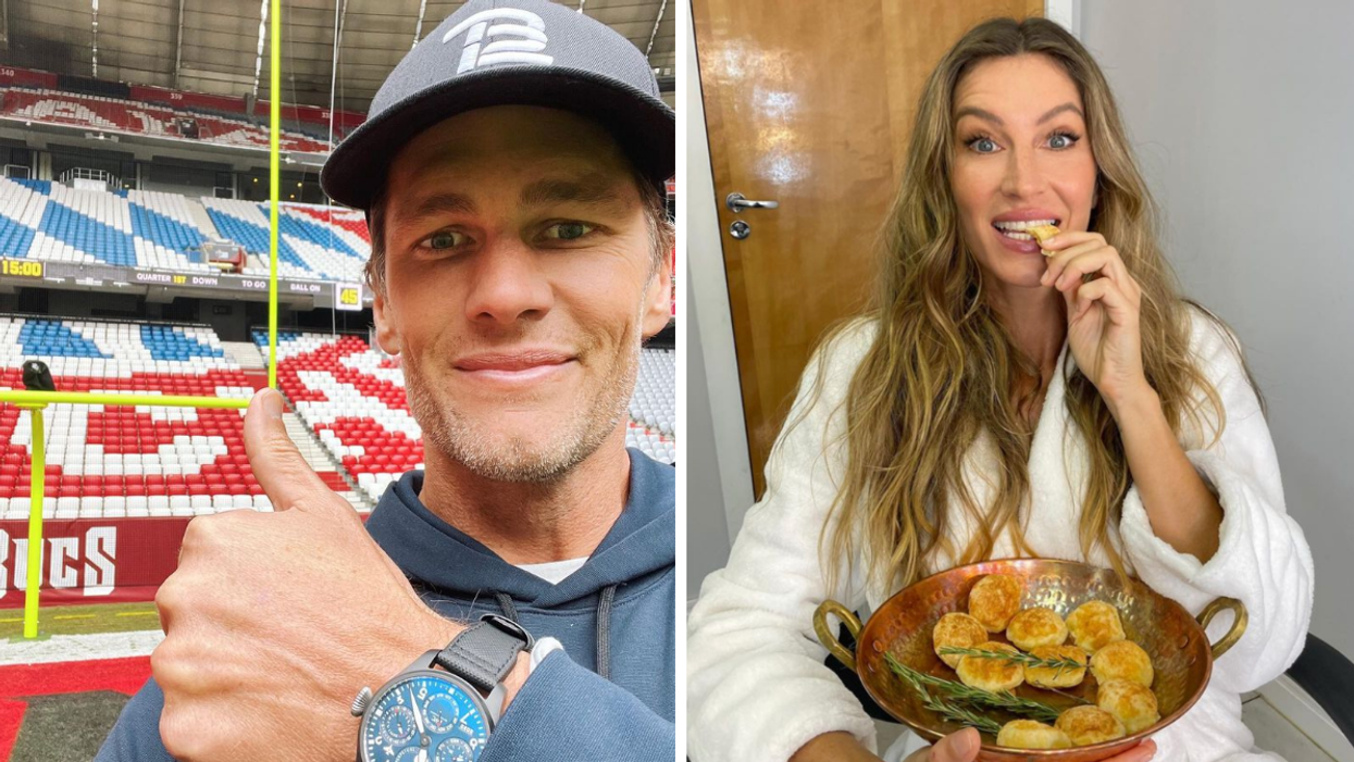 Tom Brady in Germany. Right: Gisele Bündchen eating.