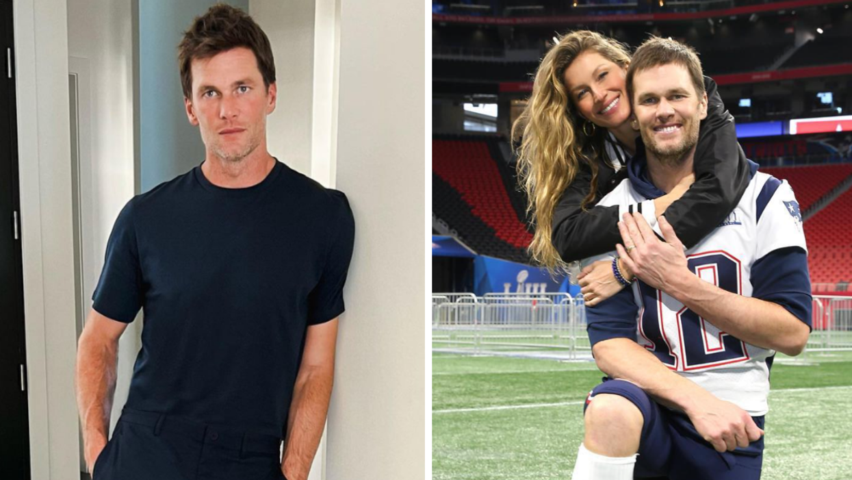 Tom Brady leaning against a wall. right: Tom Brady in a Patriot's jersey and Gisele Bündchen hugging him.
