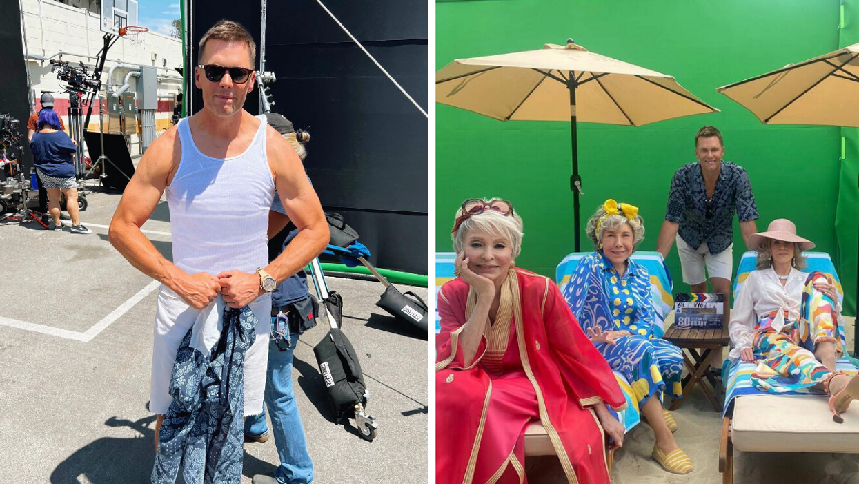 Tom Brady on set for a movie. Right: Tom Brady with the cast of his new movie.