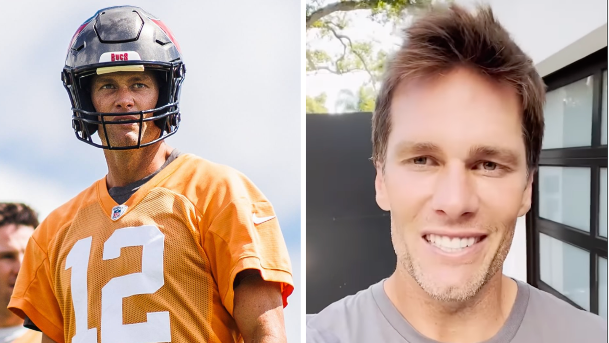 Tom Brady on the field. Right: Tom Brady smiling in a gray shirt.