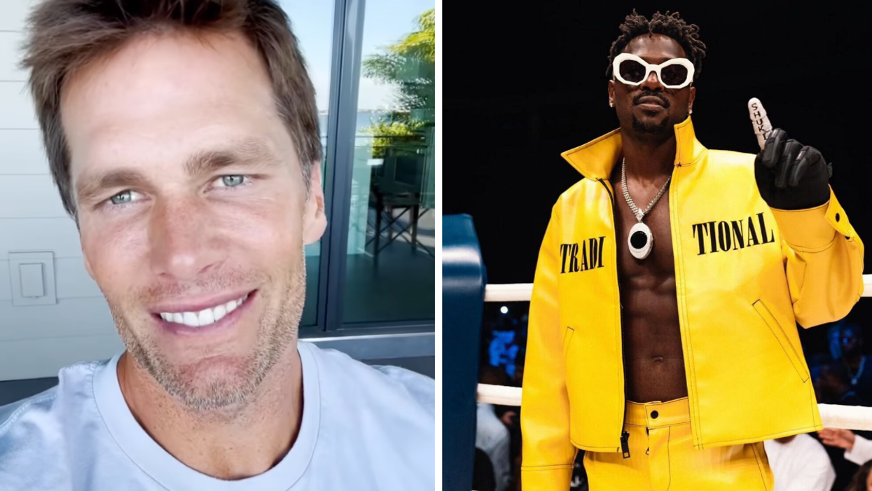 Tom Brady smiling. Right: Antonio Brown in a yellow jacket.