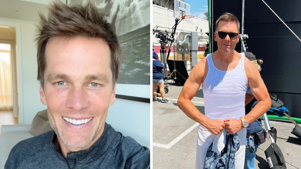 Tom Brady smiling. Right: Tom Brady in a white tank top.