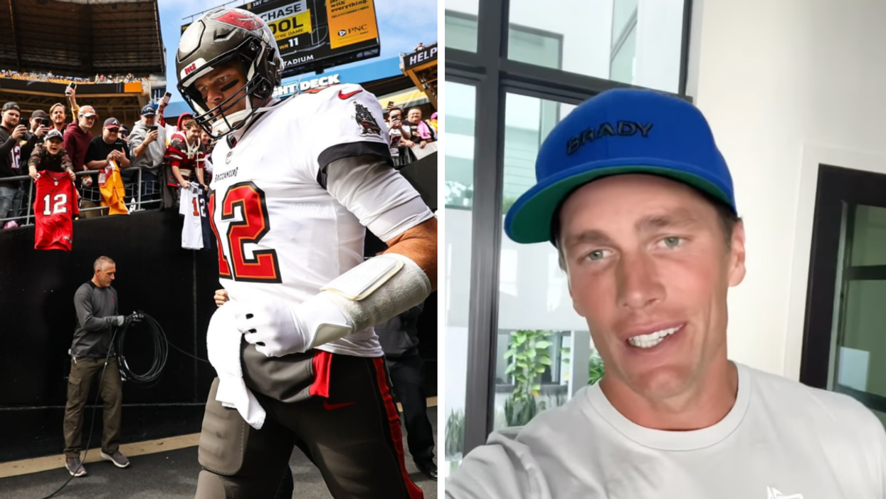 Tom Brady walking onto the field. Right: Tom Brady with a blue hat on.