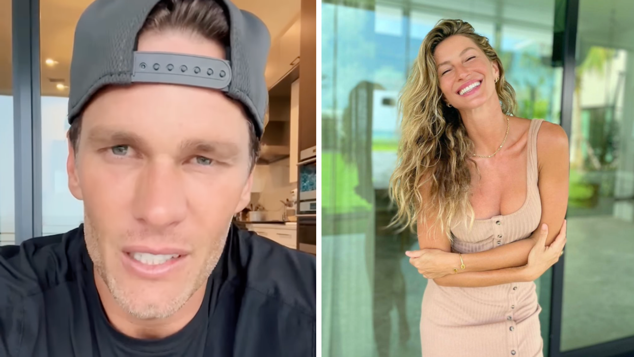 Tom Brady with hat on backwards. Right: Gisele Bündchen smiling and hugging herself.