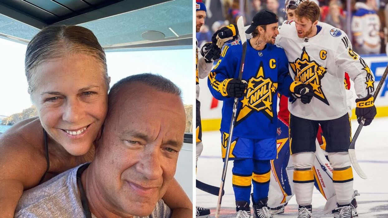 Tom Hanks and his wife, Rita Wilson. Right: Justin Bieber and Connor McDavid.