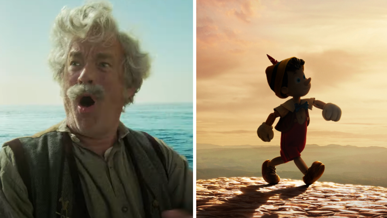 Tom Hanks as Geppetto in Disney's live-action Pinocchio. Right: Pinocchio.