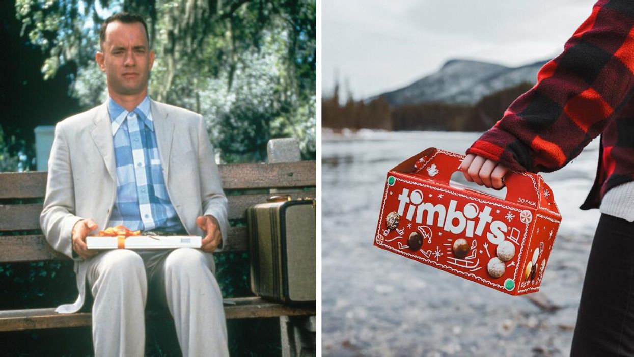 Tom Hanks in 'Forrest Gump.' Right: A person holds a box of Timbits.