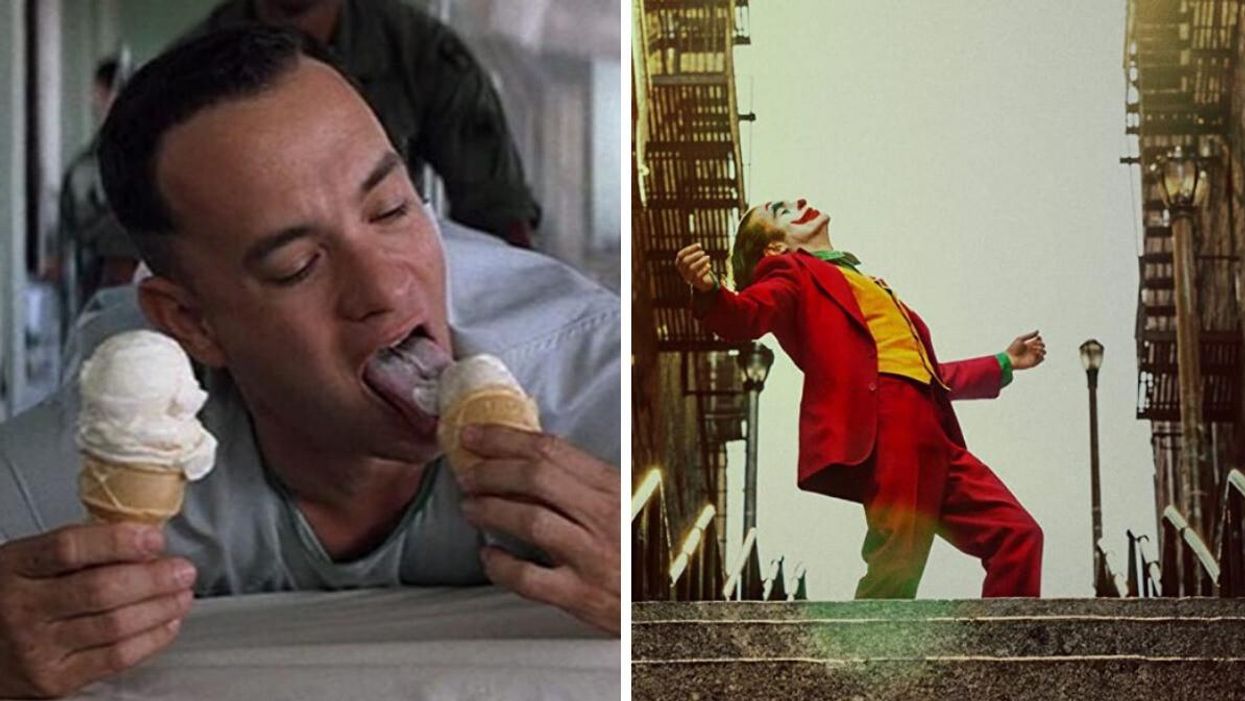 Tom Hanks in 'Forrest Gump'. Right: Joaquin Phoenix in 'The Joker.'
