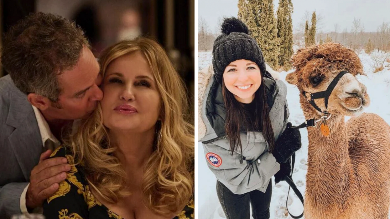 Tom Hollander and Jennifer Coolidge in The White Lotus. Right: A woman walking with an alpaca.
