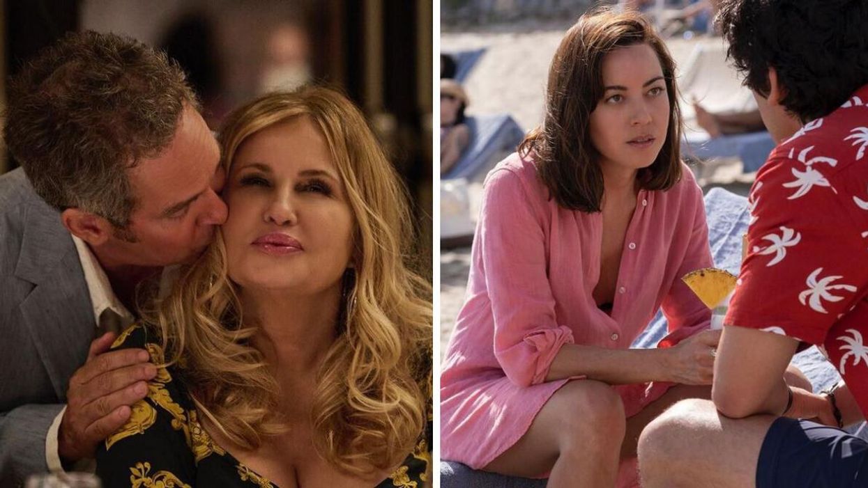 Tom Hollander and Jennifer Coolidge in 'The White Lotus'. Right: Aubrey Plaza and Will Sharpe in 'The White Lotus'.
