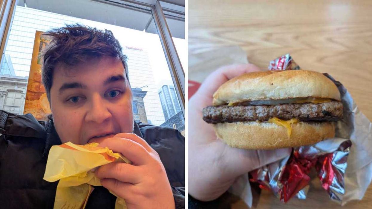 Tomás Keating tasting a cheeseburger. Right: A sad-looking Wendy's cheeseburger.