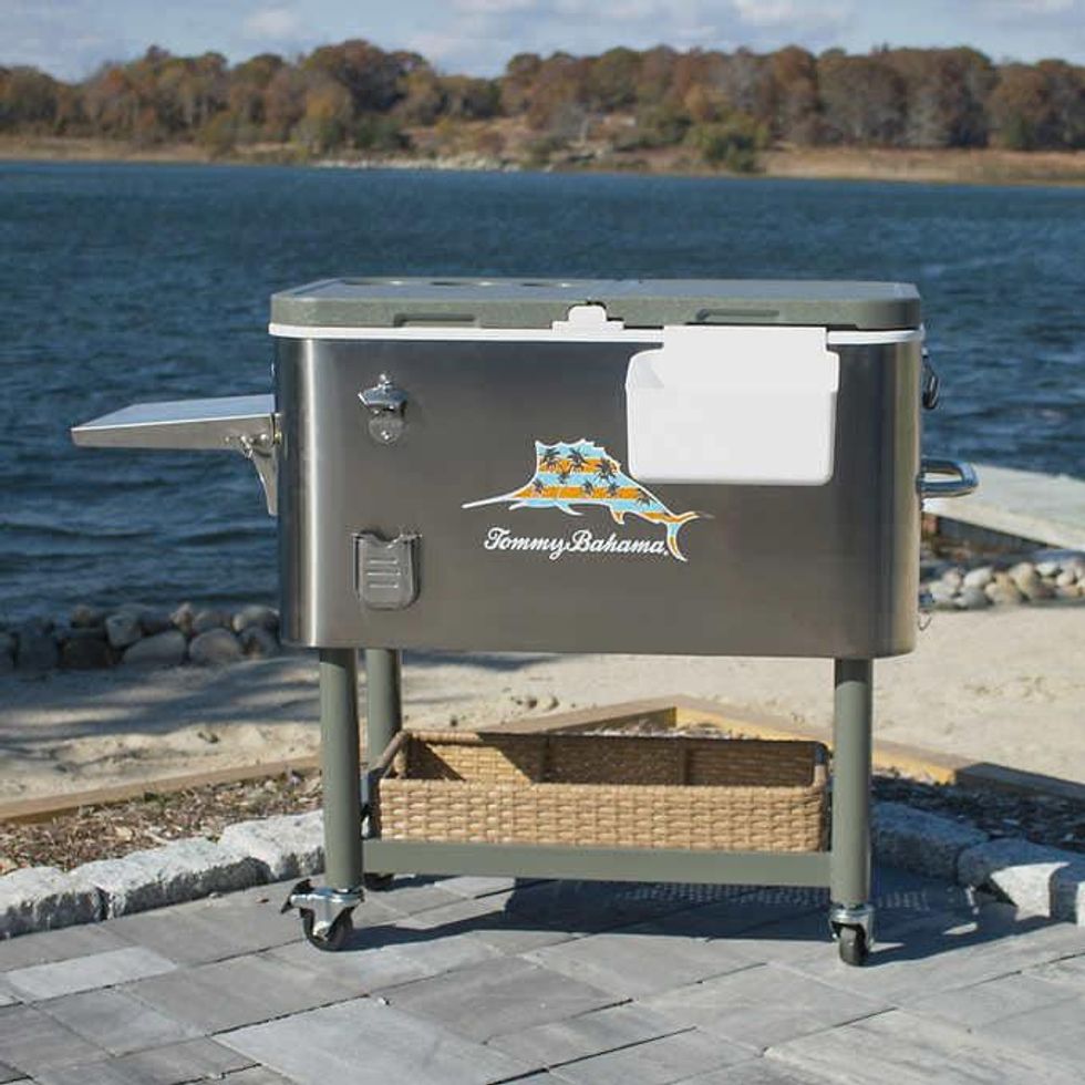 Tommy Bahama stainless steel rolling party cooler.