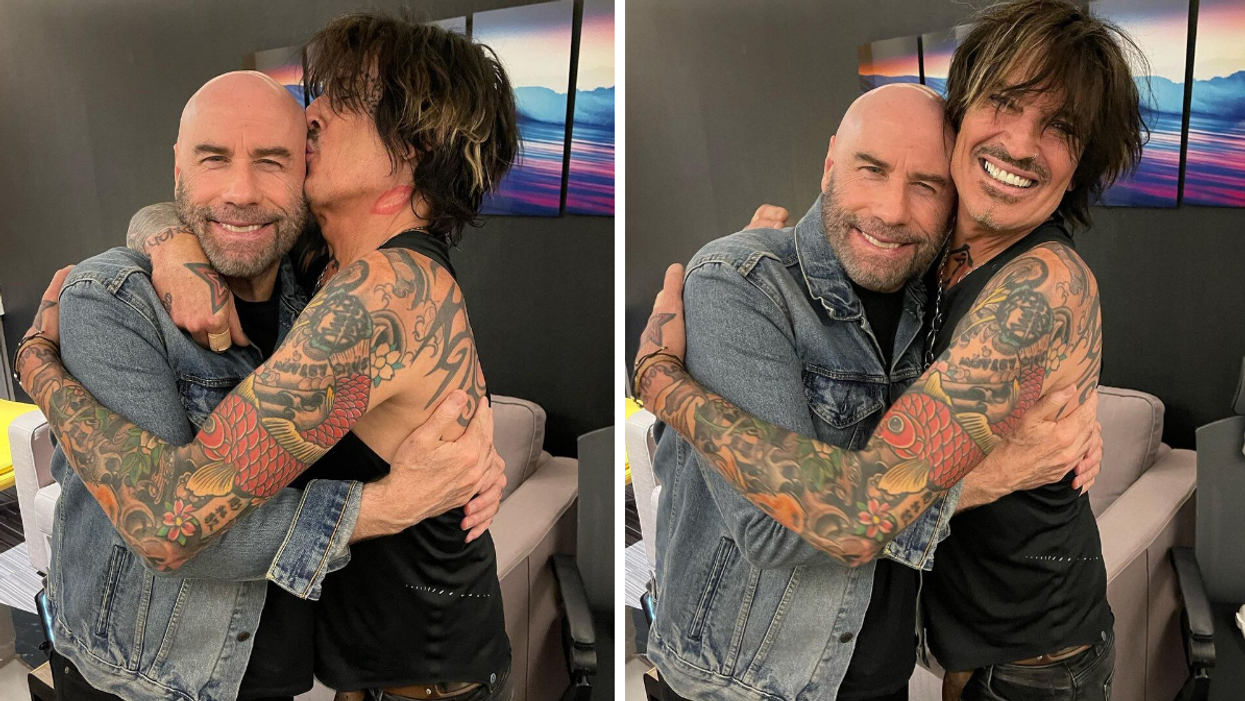 Tommy Lee kissing John Travolta's head. Right: John Travolta and Tommy Lee hugging.