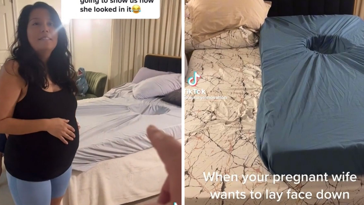 Tony's wife in the viral TikTok. Right: The viral mattress topper on the bed.