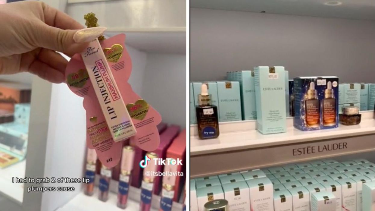 Too Faced makeup. Right: Estée Lauder products.
