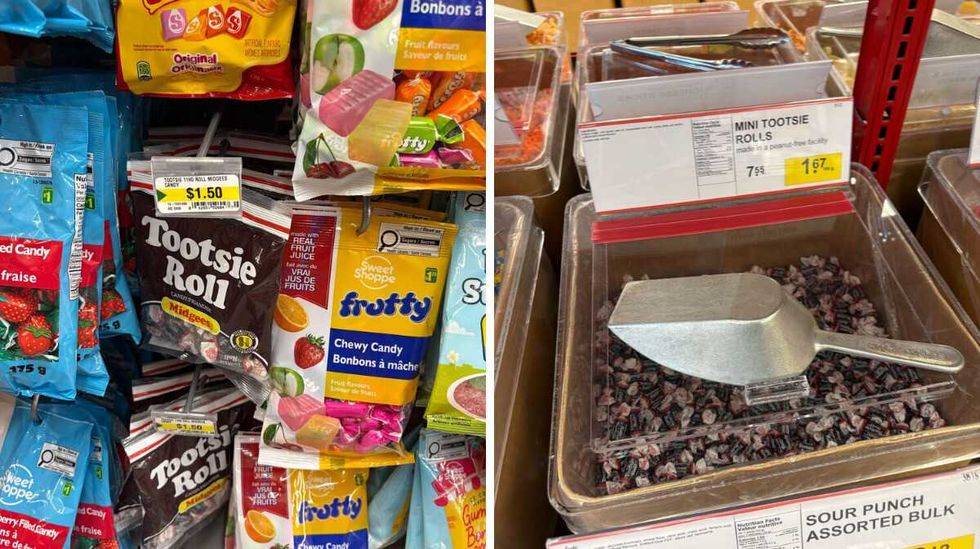 Tootsie Rolls at Dollarama. Right: Tootsie Rolls at Bulk Barn.