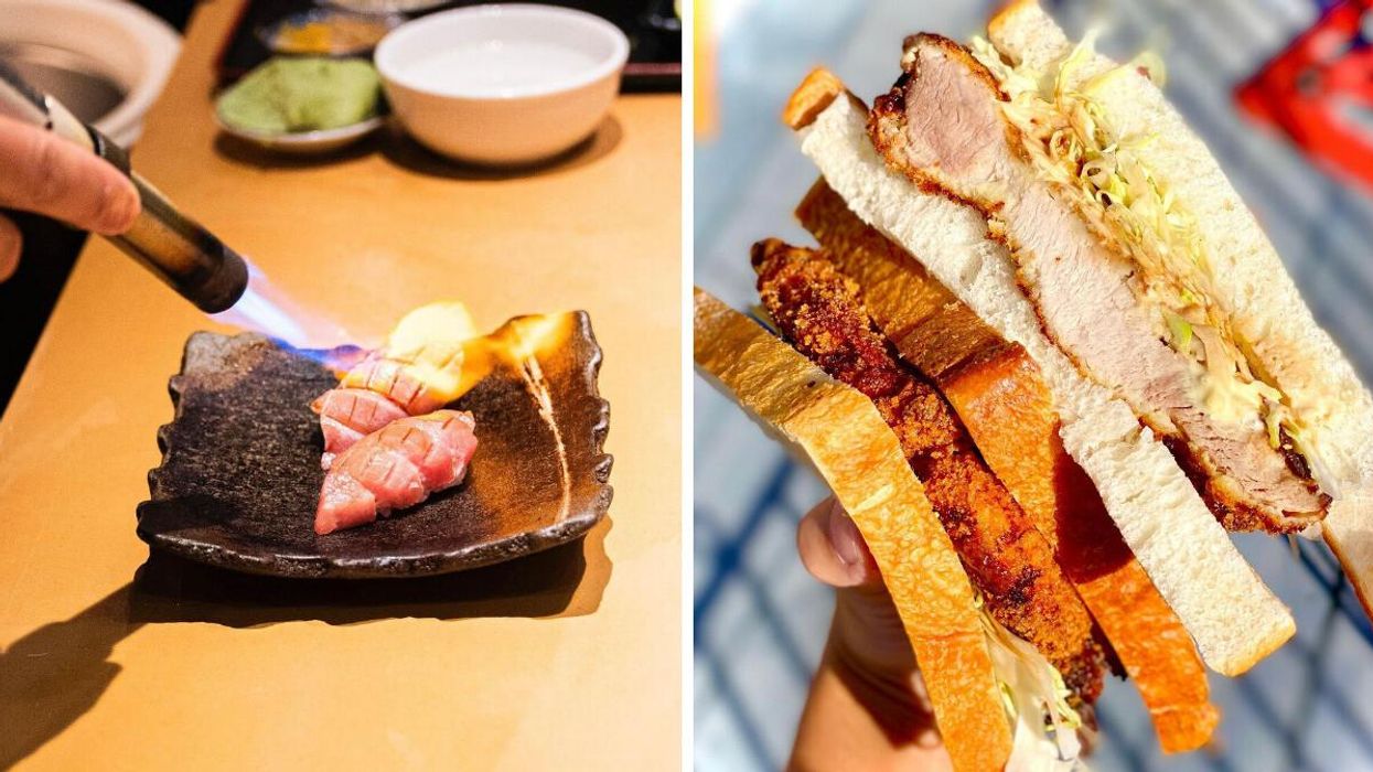Torch being used on seafood. Right: A hand holding sandwich slices.