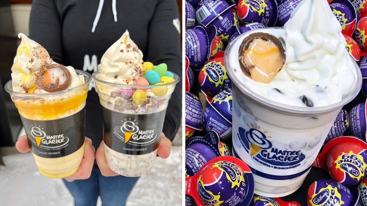 Tornades aux Mini Eggs et à l'Oeuf Fondant Cadbury du Maître Glacier. Droite : Tornade à l'Oeuf Fondant Cadbury du Maître Glacier.