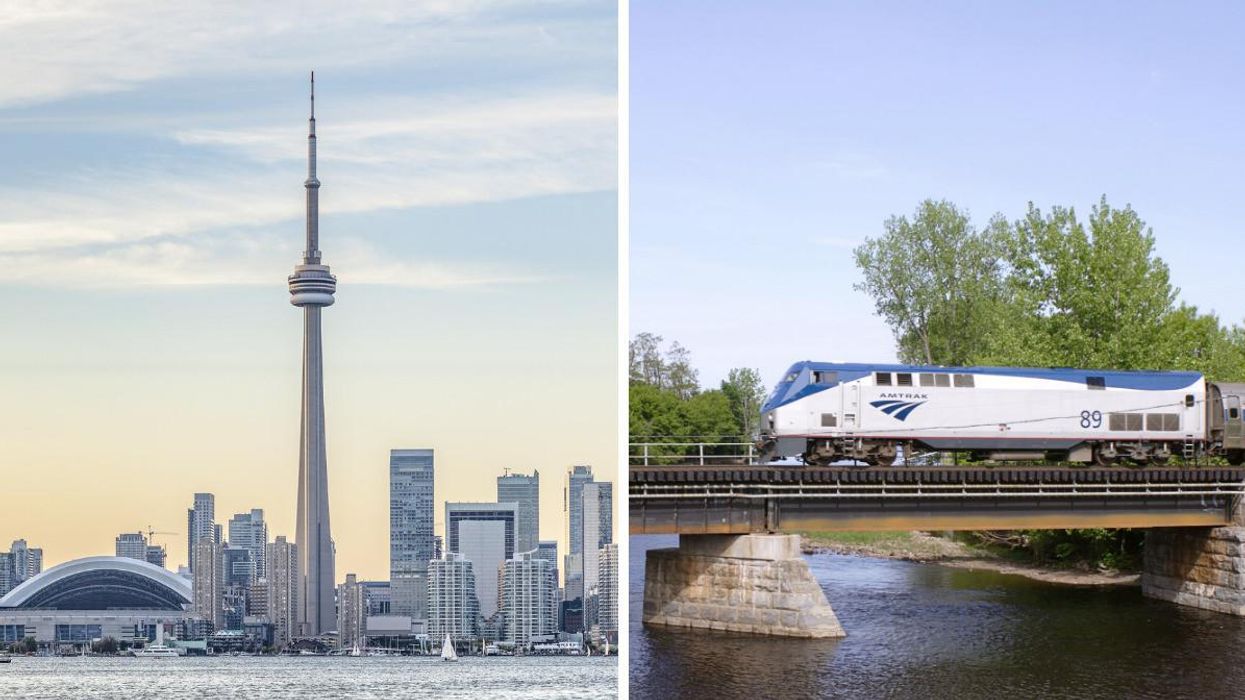 Toronto and the CN Tower. Right: An Amtrak train.
