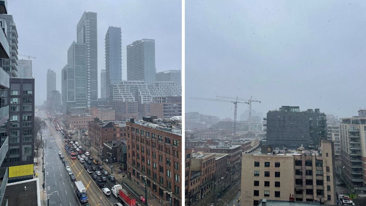 Toronto being hit by the storm. Right: The snow cloud making its way over Toronto.