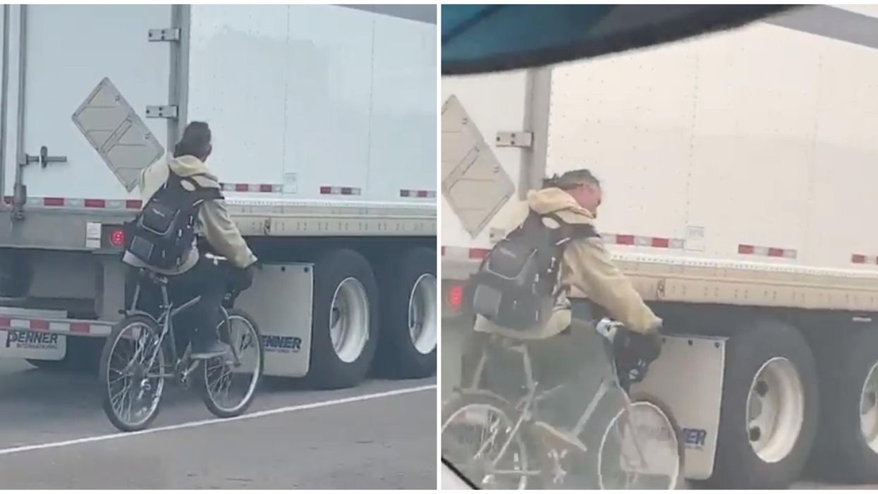 Toronto Bike On The Highway Was Seen With Rider Hanging Onto The Back Of A Truck (VIDEO)