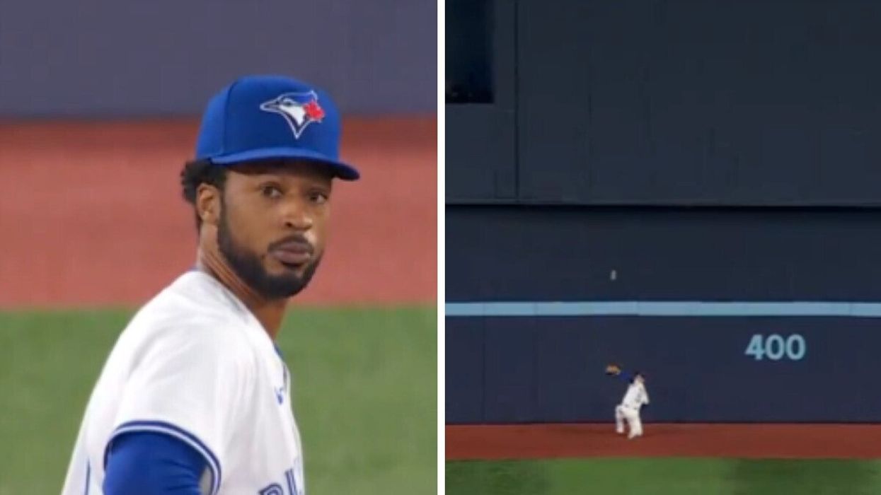 Toronto Blue Jays pitcher Dillon Tate stares in disbelief after Varsho's grab. Right: The Toronto Blue Jays' Daulton Varsho makes a spectacular catch at Rogers Centre. Right:
