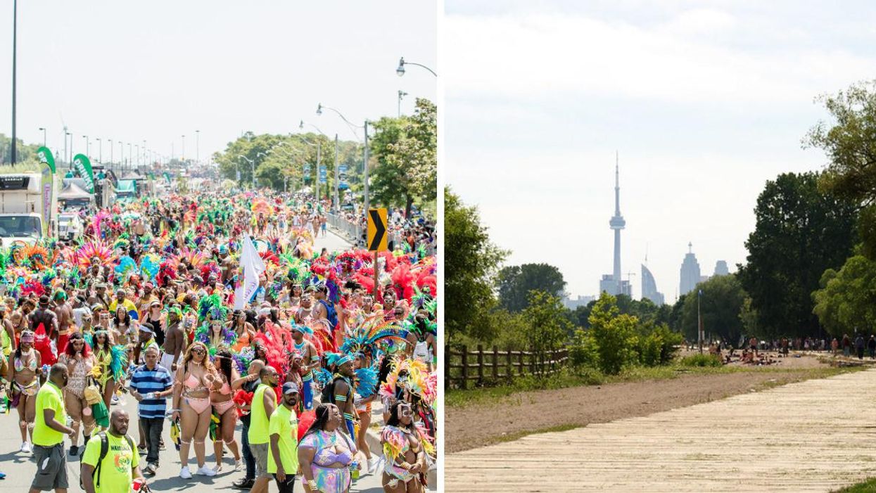 Toronto Caribbean Carnival. Right: The CN Tower in Toronto