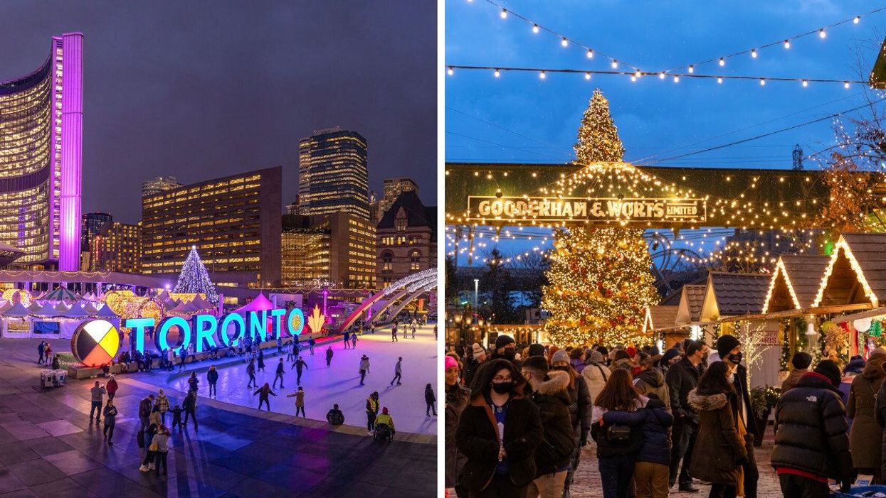Toronto City Hall is seen at night as people skate. Right: The Christmas tree and shops are seen at the Distillery Winter Village.