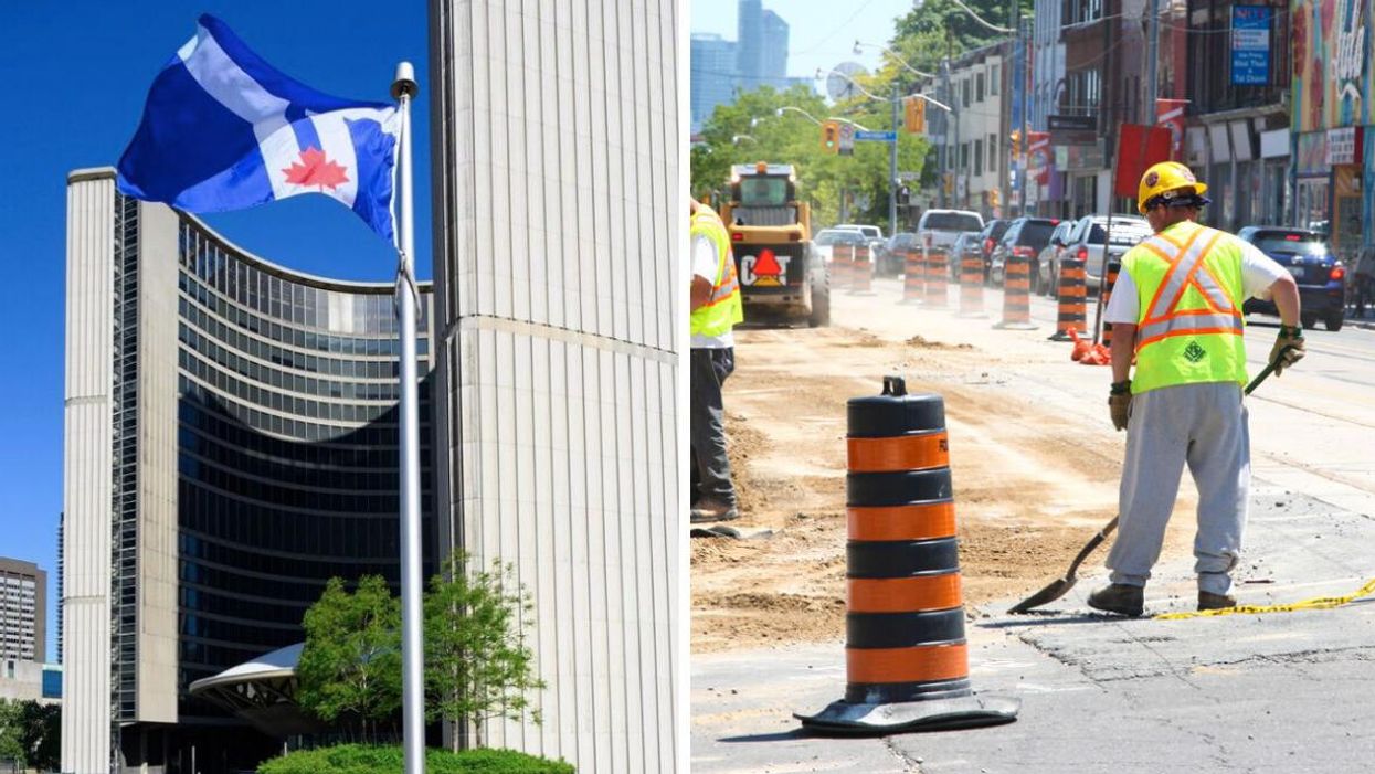 Toronto City Hall. Right: A construction worker in Toronto