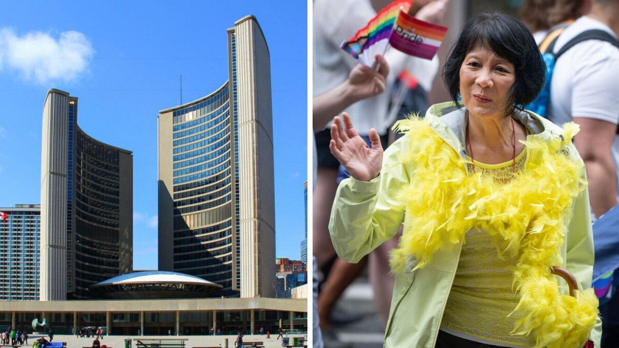 Toronto City Hall. Right: Mayor Olivia Chow march in last year's Toronto Pride March.
