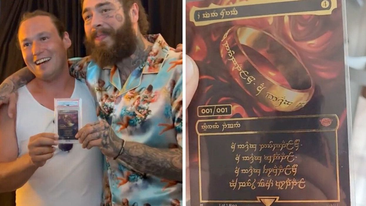 Toronto collector Brook Trafton and rapper Post Malone. Right: The 'One Ring" Magic: The Gathering card.