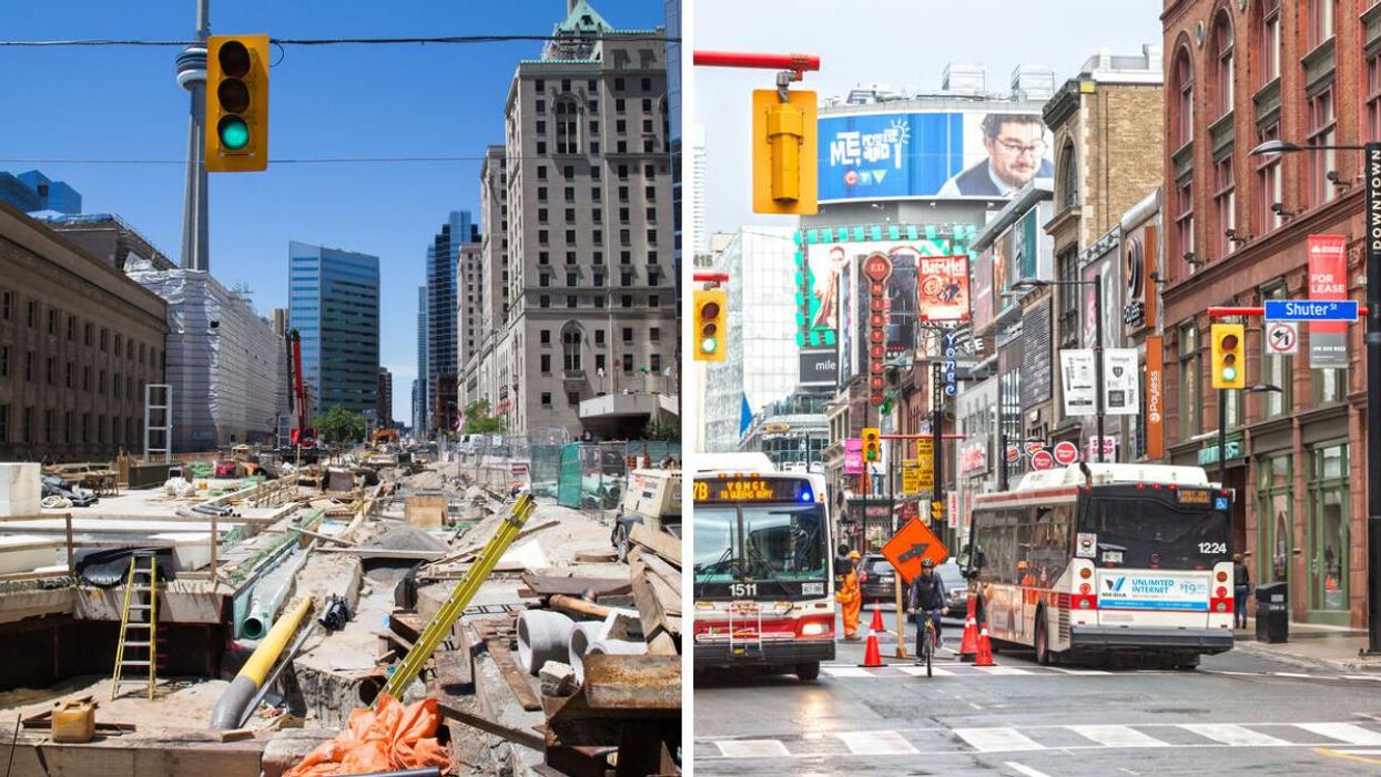 Toronto construction. Right: Yonge Street traffic.