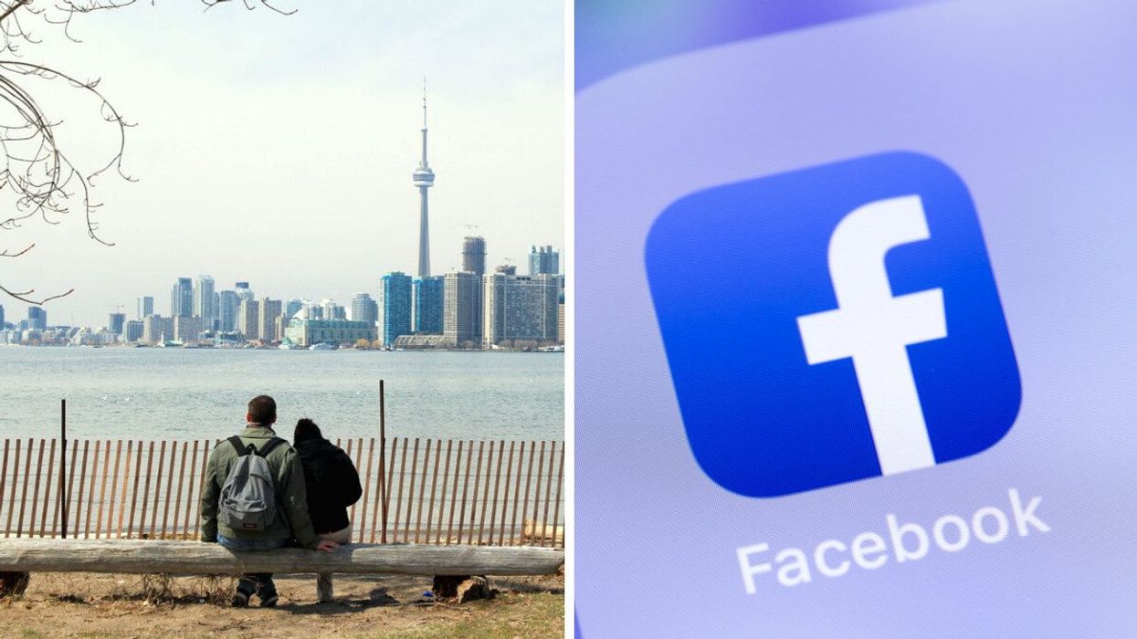 Toronto couple on bench. Right: Facebook icon.