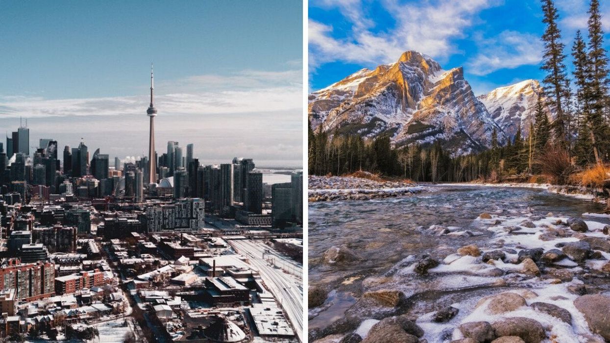 Toronto covered in light snow. Right: Snow in Alberta.