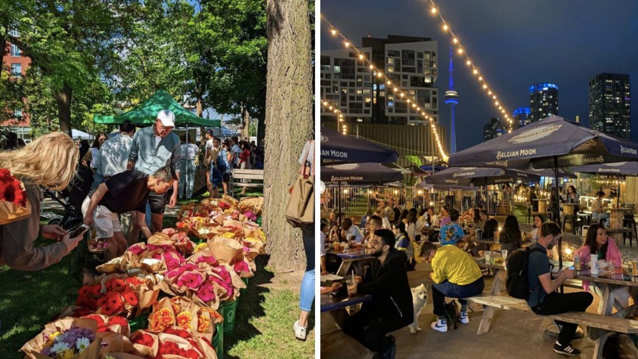 Toronto flower market at display. Right: Evening at Stakt.