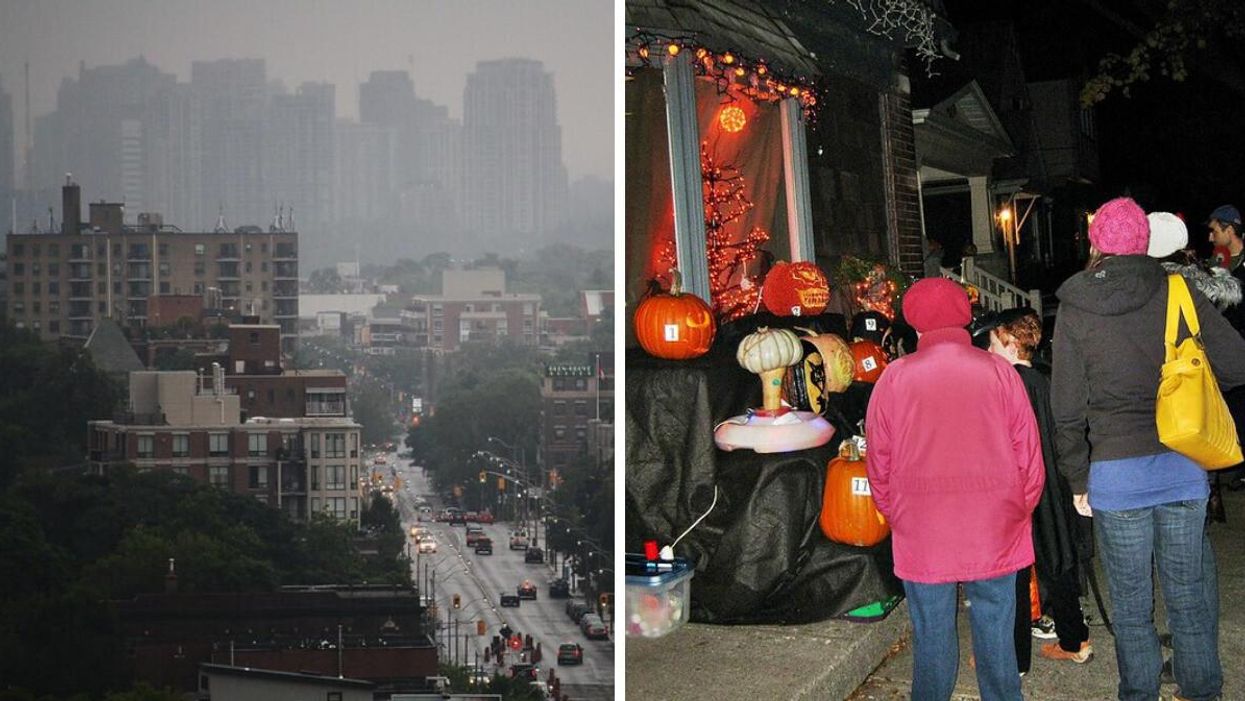Toronto in the rain. Right: Trick or treaters.