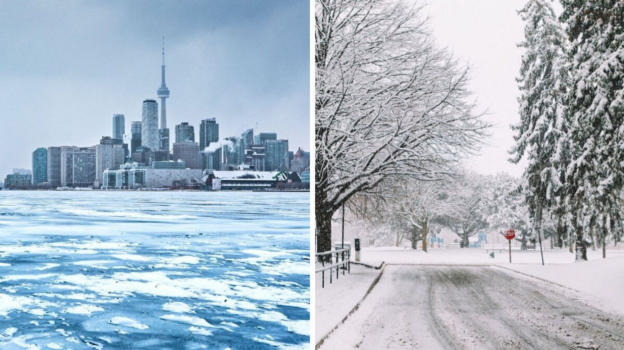 Toronto is seen with a frozen lake. Right: A snow-covered road is seen in Toronto.