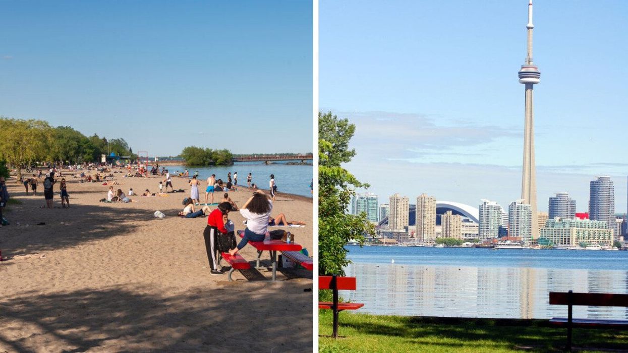 Toronto Islands beach. Right: CN Tower view from the island.