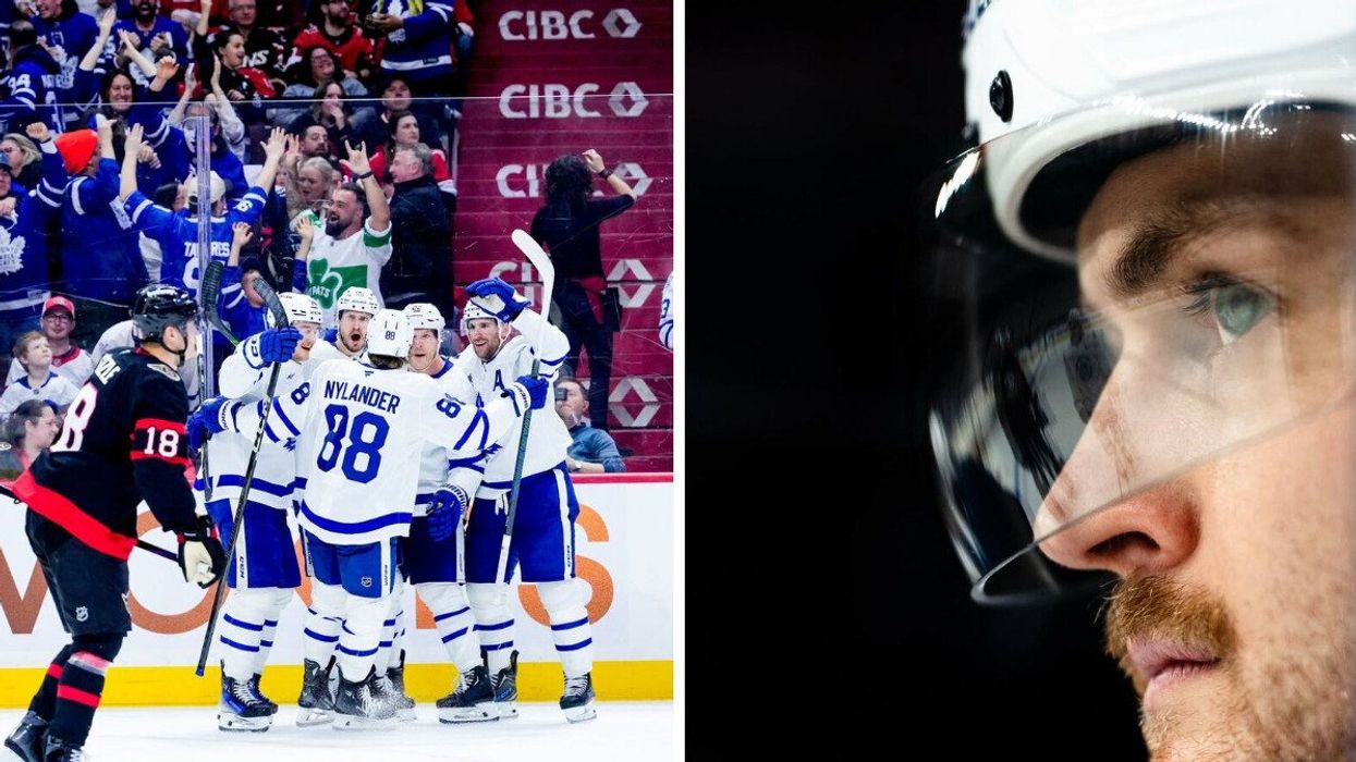 Toronto Maple Leafs celebrate after a goal against the Ottawa Senators. Right: A closeup shot of William Nylander.