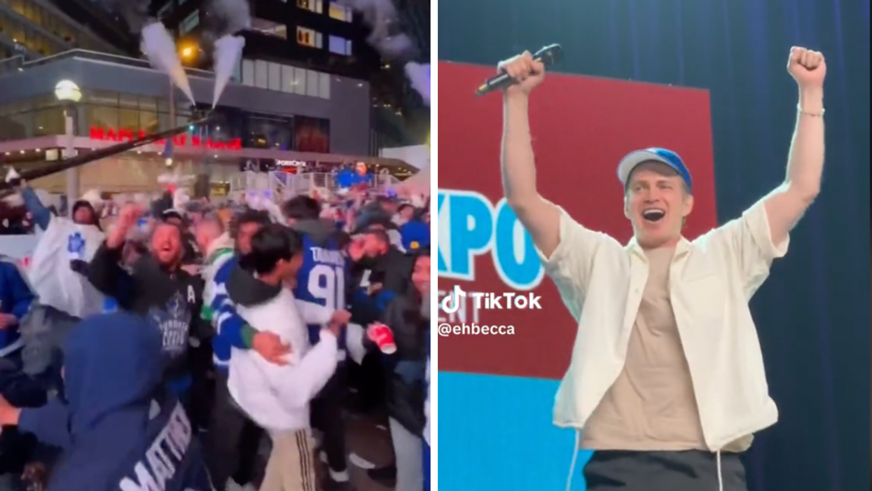 Toronto Maple Leafs fans in the streets of Toronto. Right: Hayden Christensen celebrating the Toronto Maple Leafs' win.