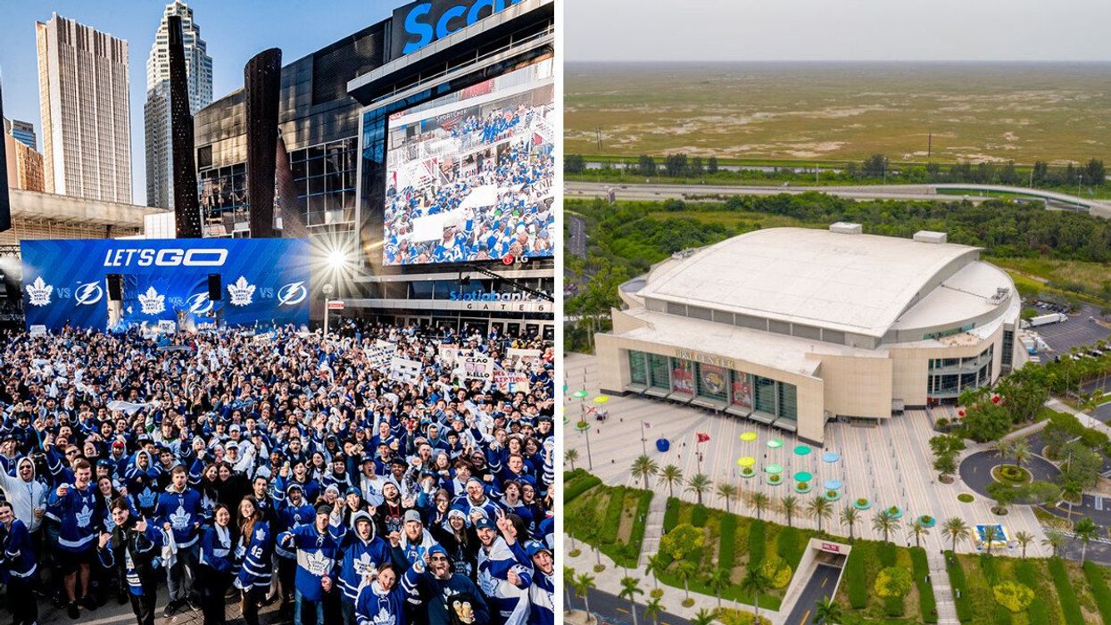 Toronto Maple Leafs fans outside of Scotiabank Arena. Right: FLA Live Arena