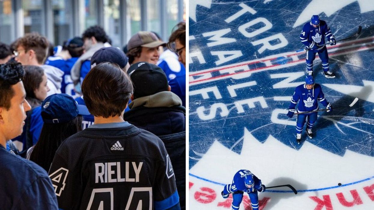 Toronto Maple Leafs fans wait in line to enter Scotiabank Arena. Right: Three Toronto Maple Leafs players at the centre circle.