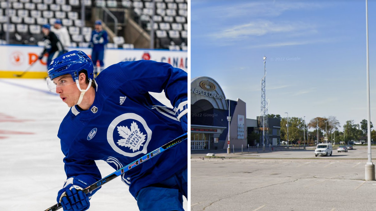 Toronto Maple Leafs Mitch Marner. Right: Movie theatre in the area of The Queensway and Islington Avenue.