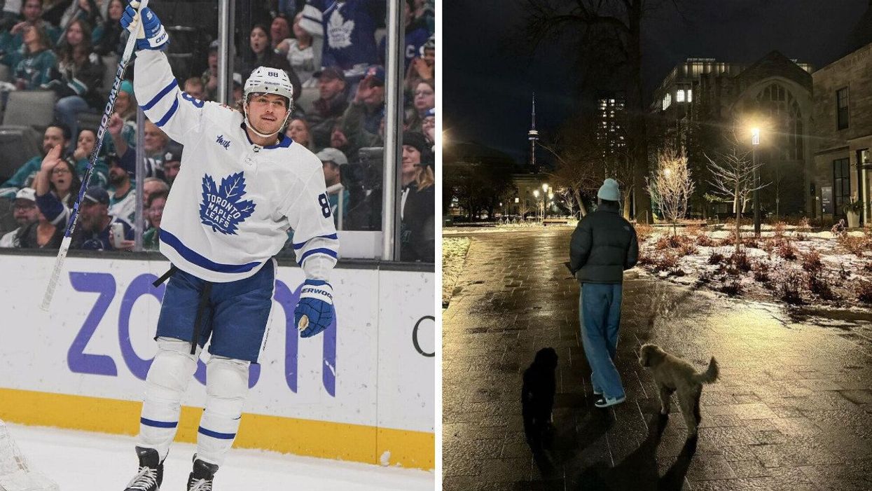 Toronto Maple Leafs player William Nylander on the ice during a hockey game. Right: William Nylander in Toronto with the CN Tower in the background.