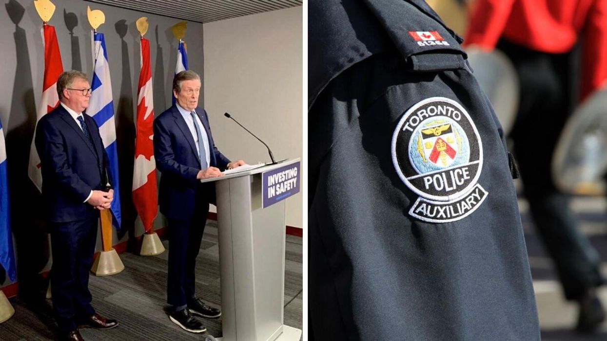 Toronto Mayor John Tory and Councillor Gary Crawford at a press conference. Right: A Toronto Police officer.